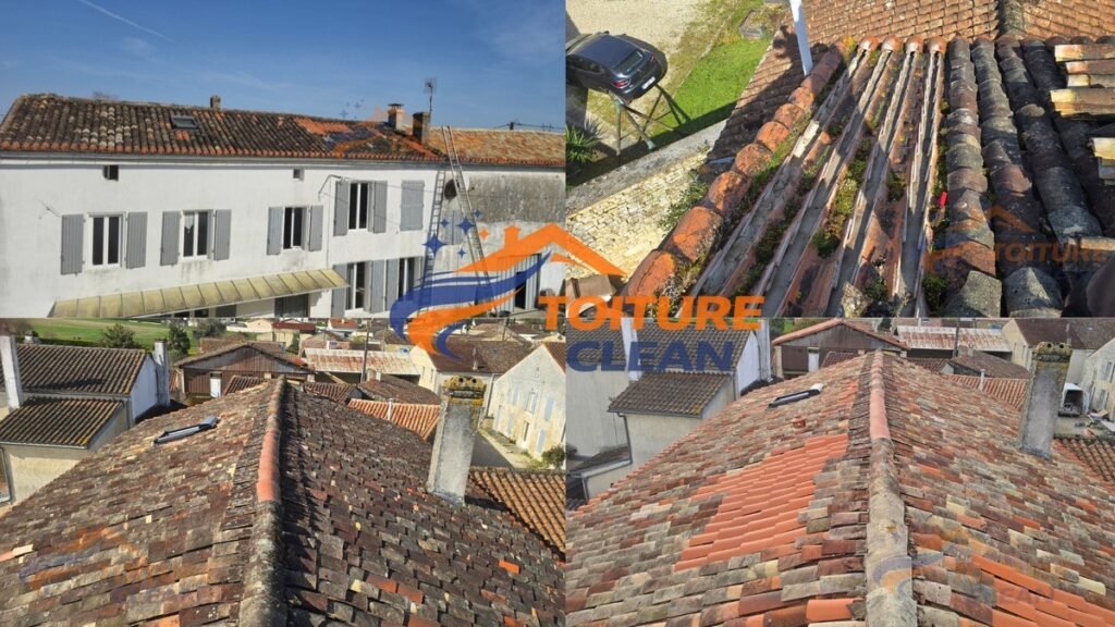 Réfection de toiture a lacouronne en Charente Toiture clean basé a Angoulême en Charente, travaux effectué : démoussage applications de traitement hydrofuge, remplacement de tuiles cassées, pose de crochet. Chantier réalisé a Lacouronne en Charente